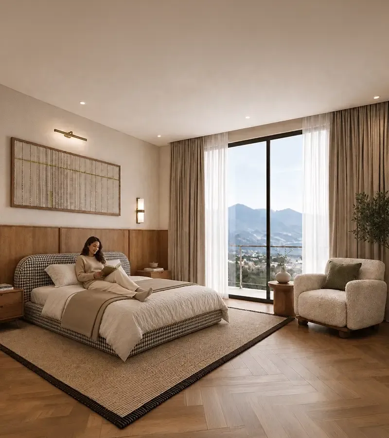 Warmly lit Elara bedroom with automated ambient lighting