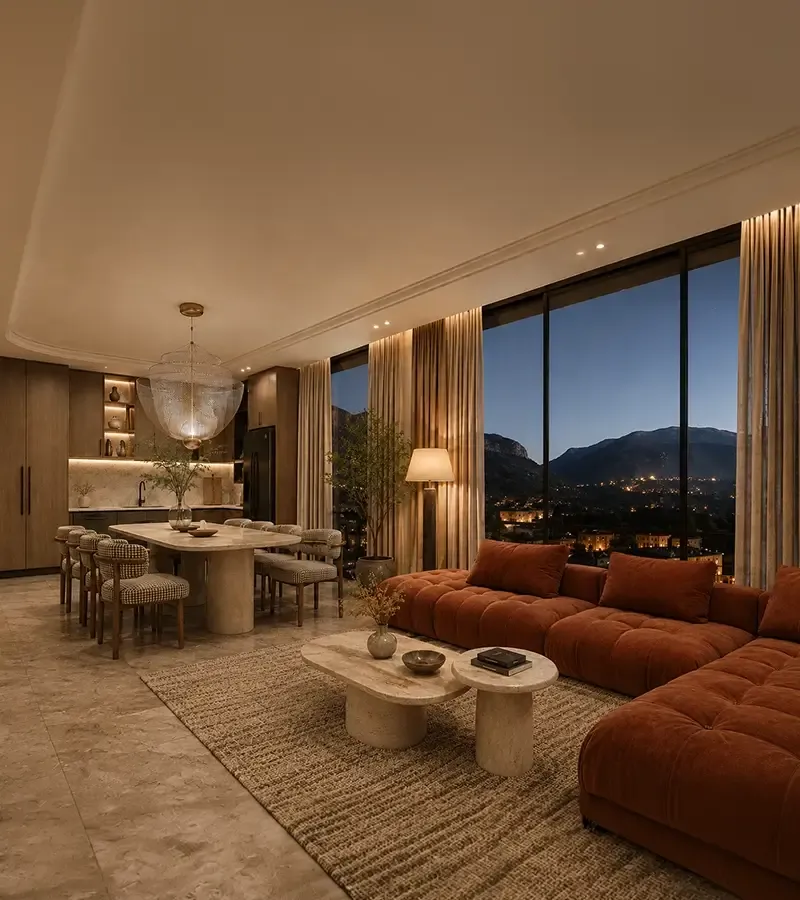 Sunlit open-plan Elara living room with panoramic glazing