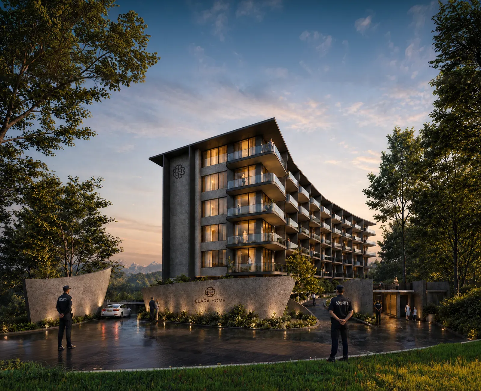 Gated entrance of the Elara residential community at dusk