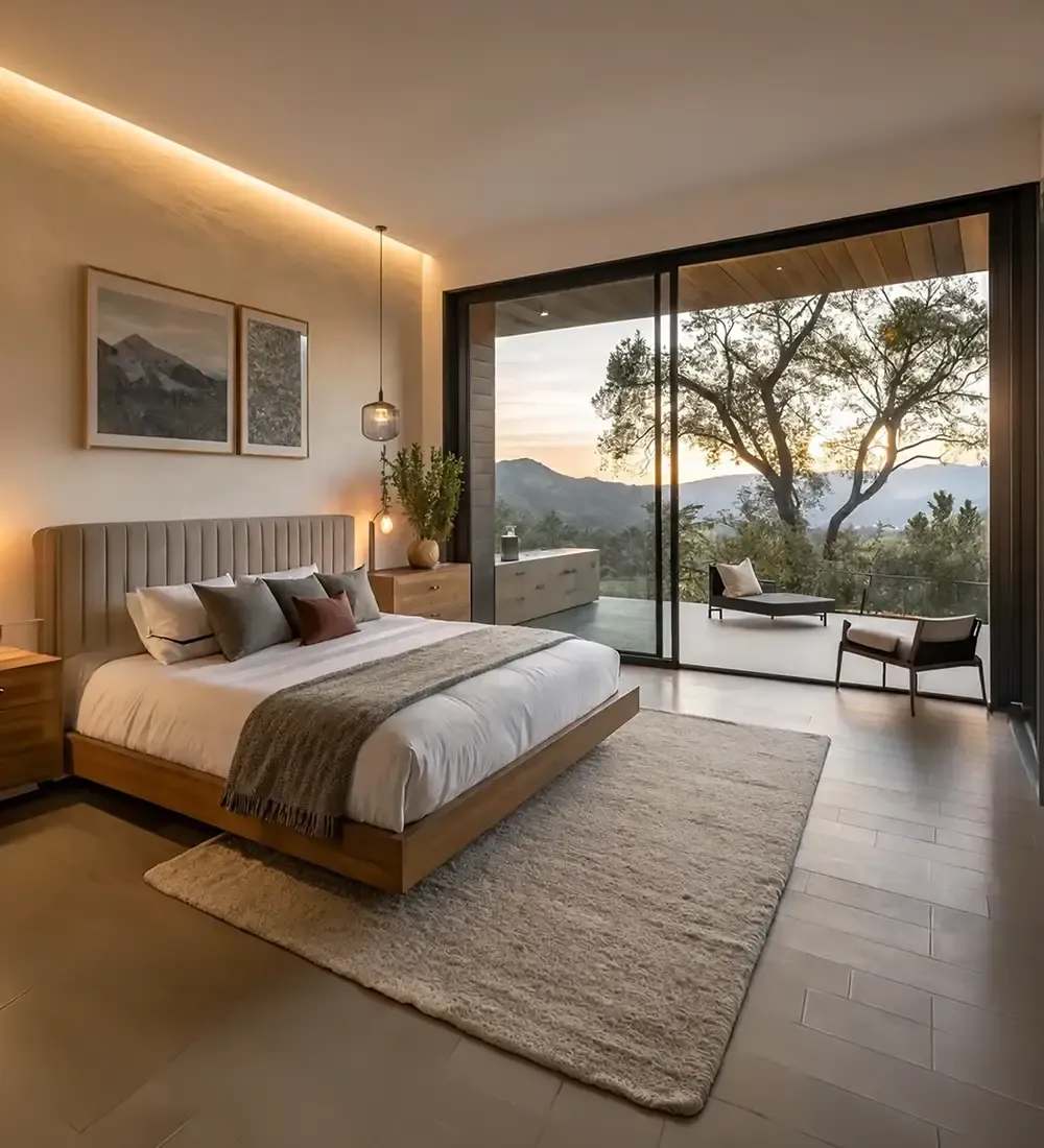 An Elara bedroom with full-height glazing framing the Dhauladhars