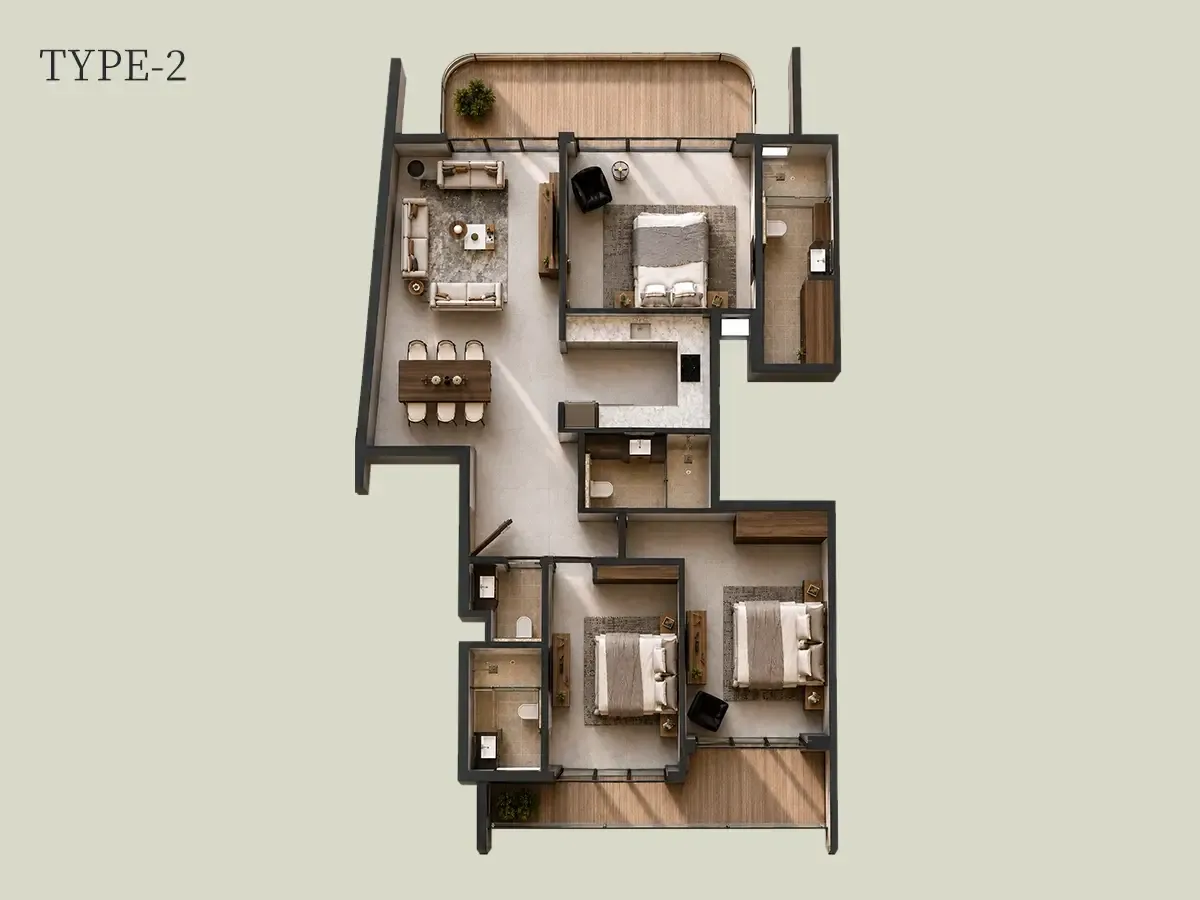 3 BHK Apartment floor plan, type 2