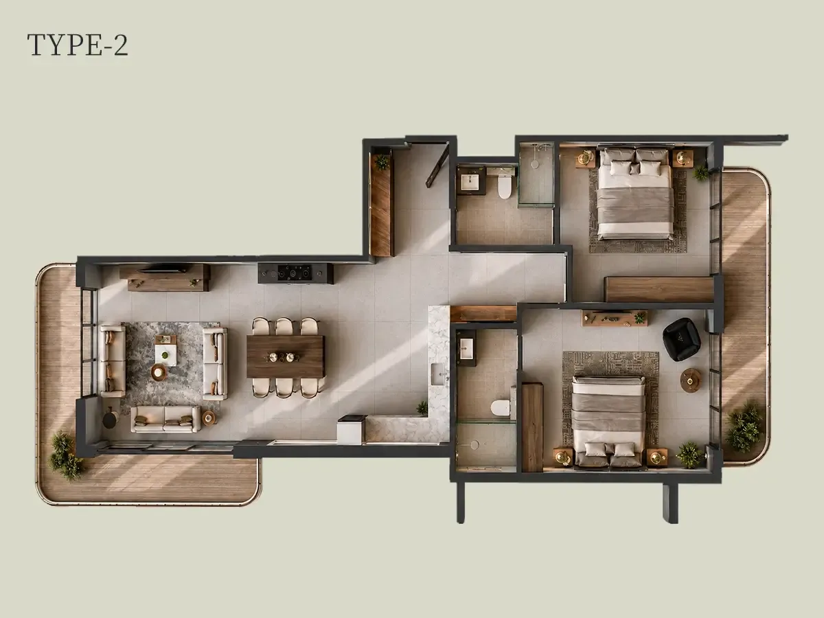 2 BHK Apartment floor plan, type 2