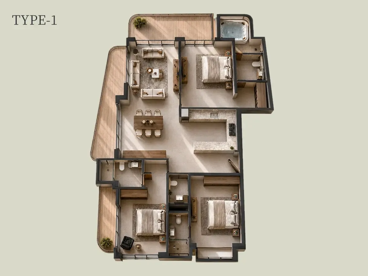 3 BHK Apartment floor plan, type 1