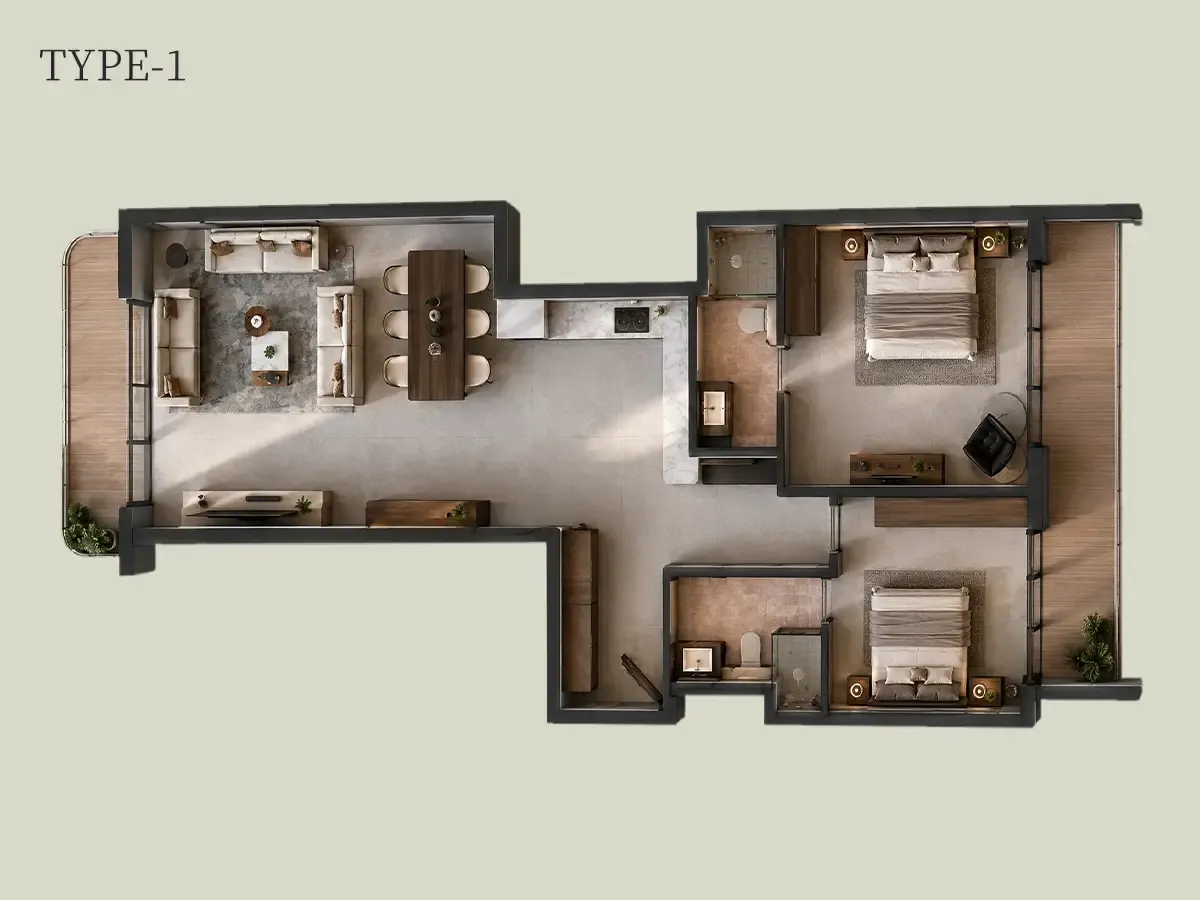 2 BHK Apartment floor plan, type 1