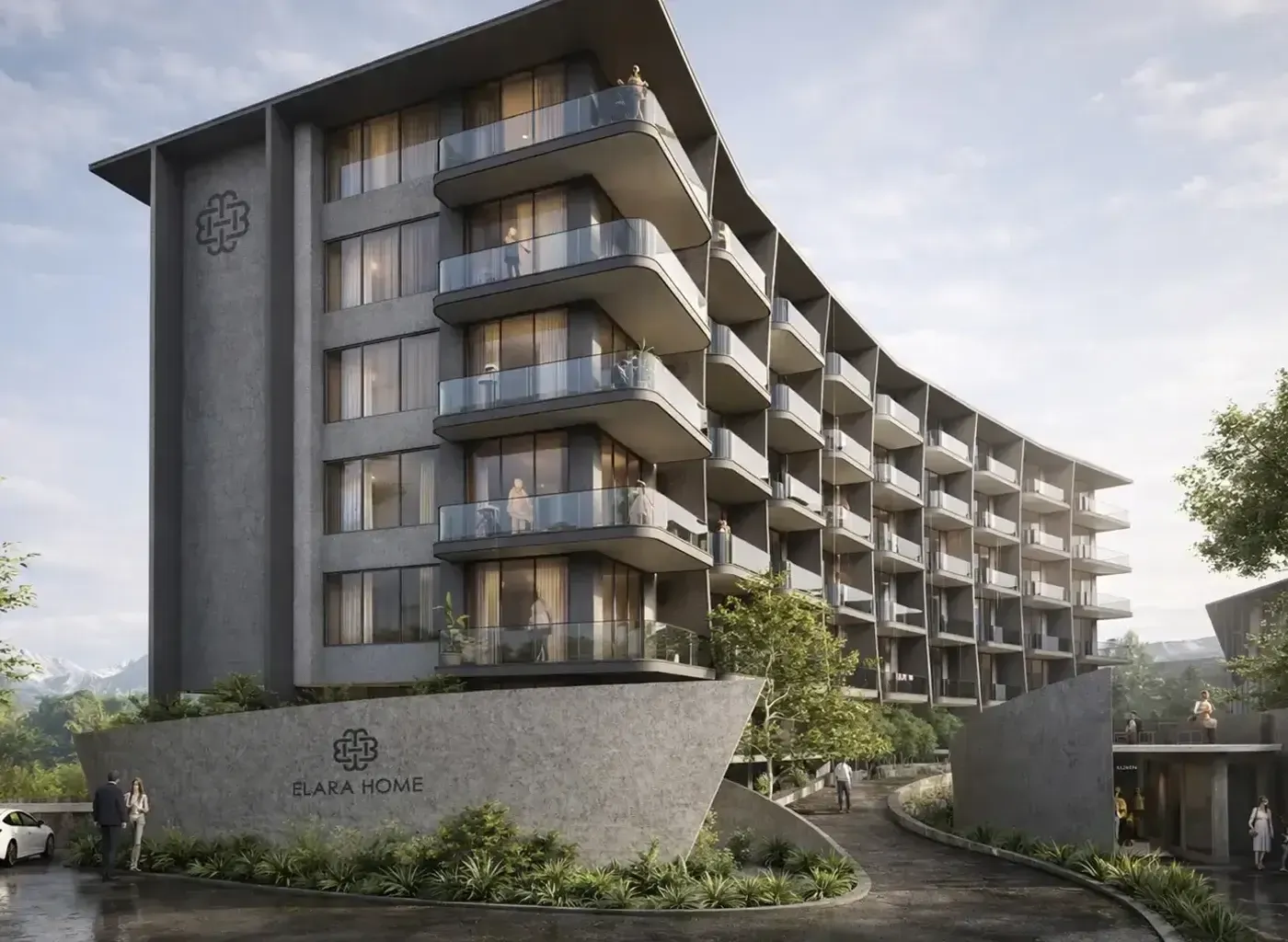 The Elara Home arrival court beneath the residences