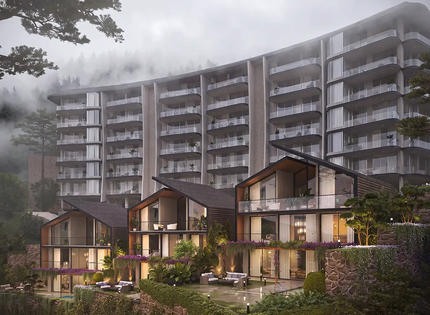 4 BHK Villa villas beneath the Elara residences at dusk