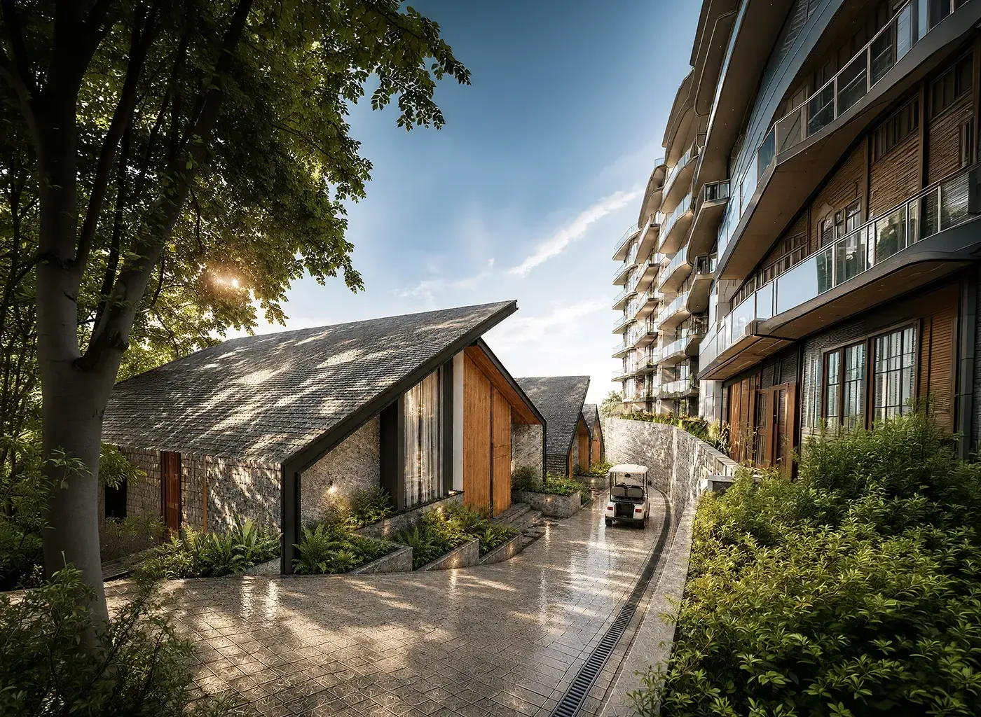 The villa lane winding between 4 BHK Villa and the residences