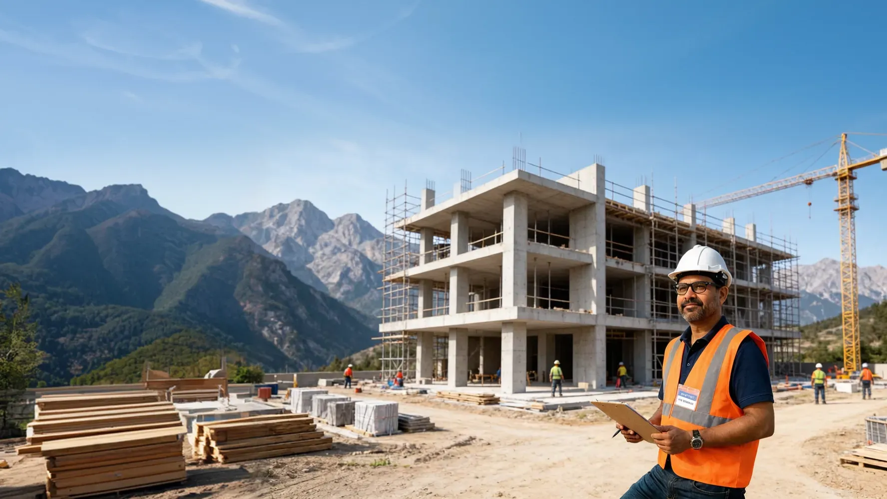 Elara construction site rising against the Dhauladhar range