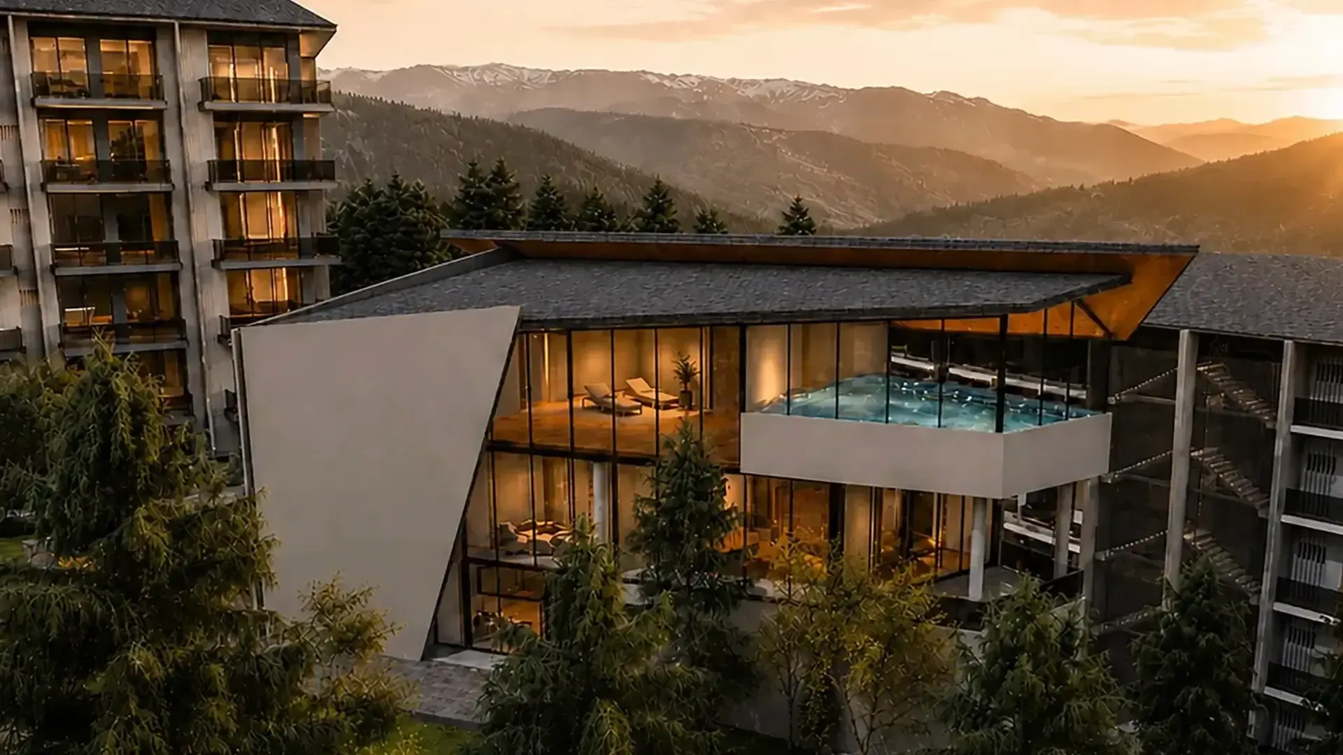 Elara Home villas at dusk beneath the Dhauladhar range
