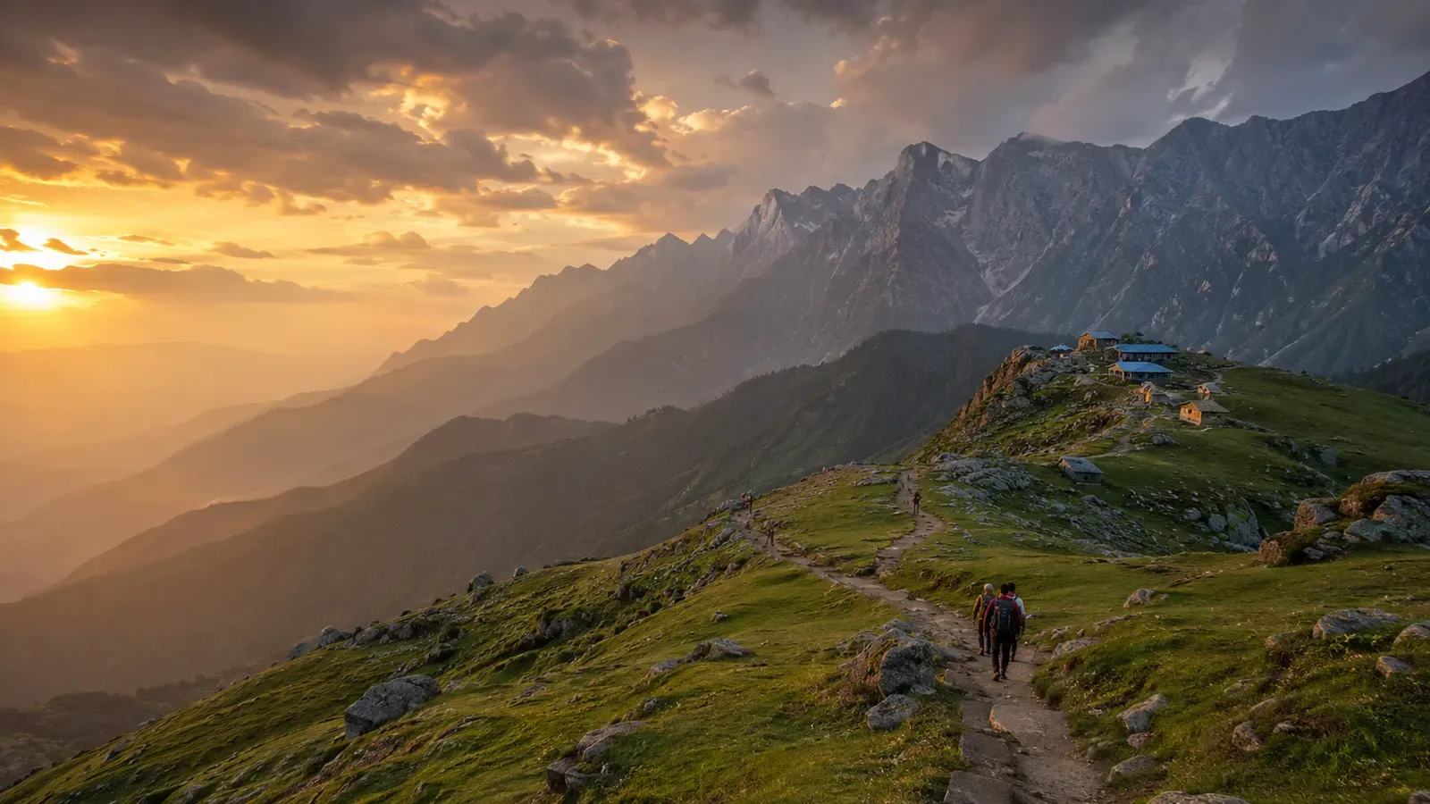 Trekkers on the Triund ridge trail at sunset