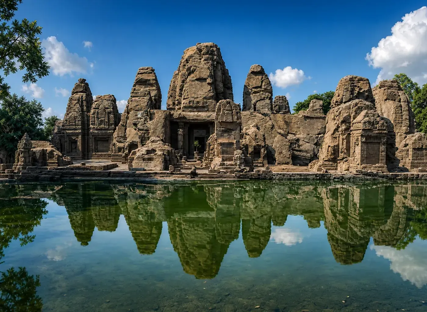 Masroor rock-cut temples reflected in the temple pond