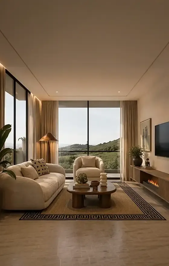 1 BHK apartment interior with mountain view