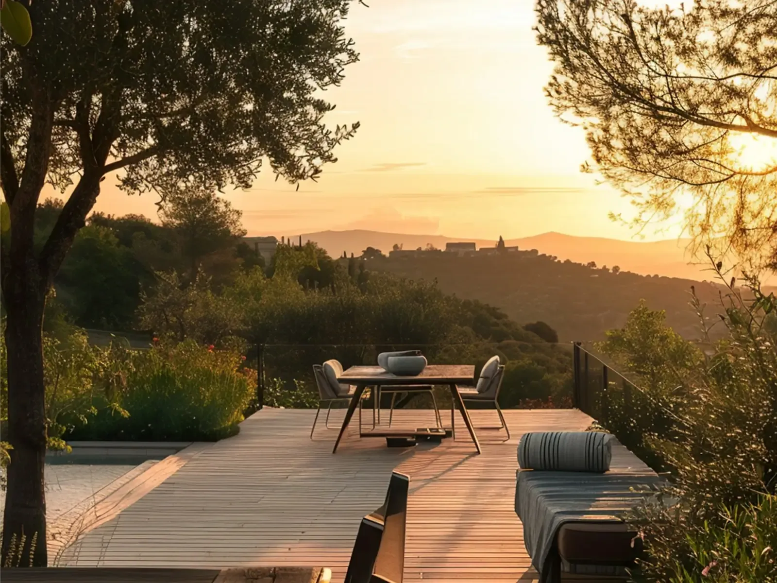 The sunset deck looking over the valley at dusk
