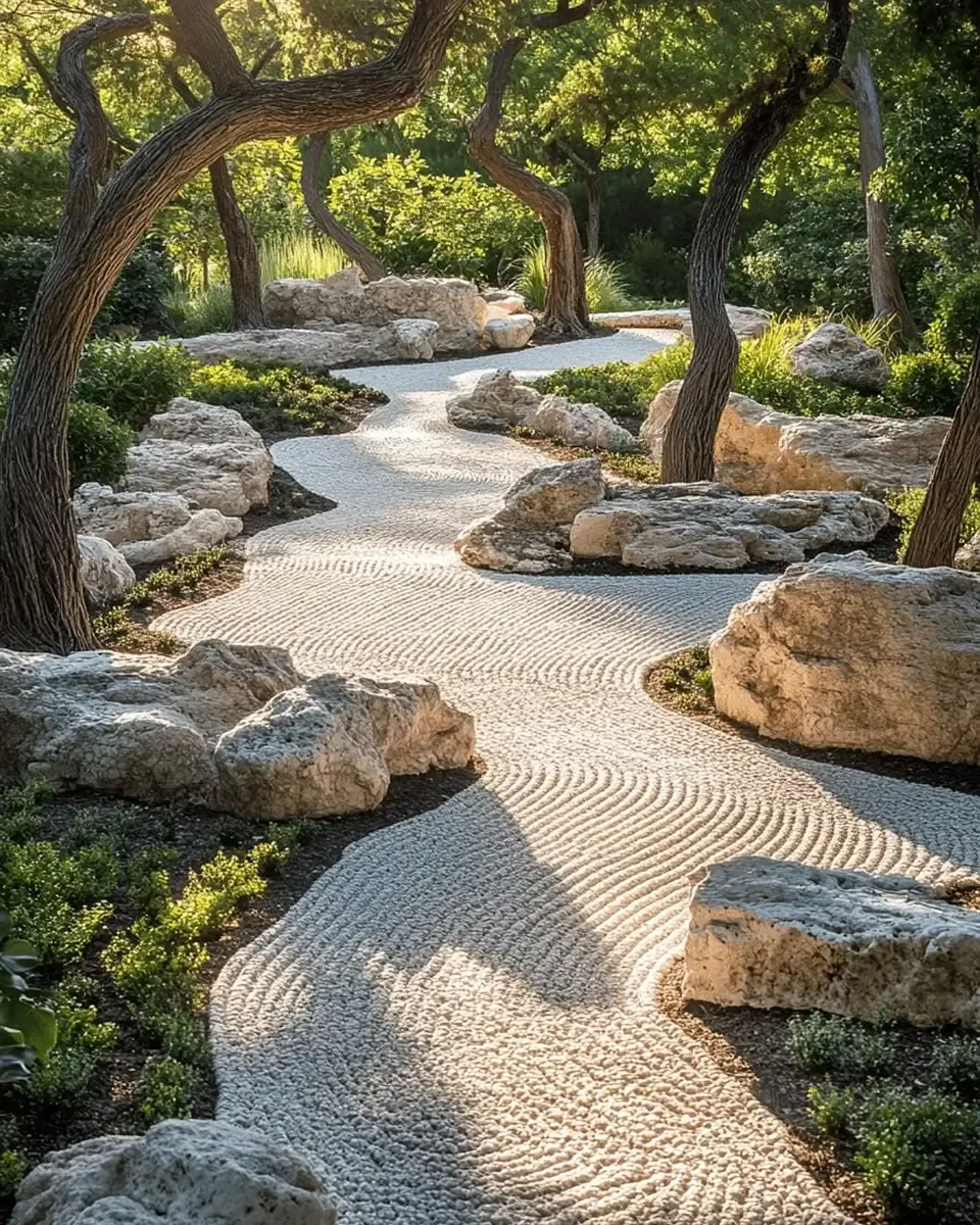 The zen garden winding between stone and pine